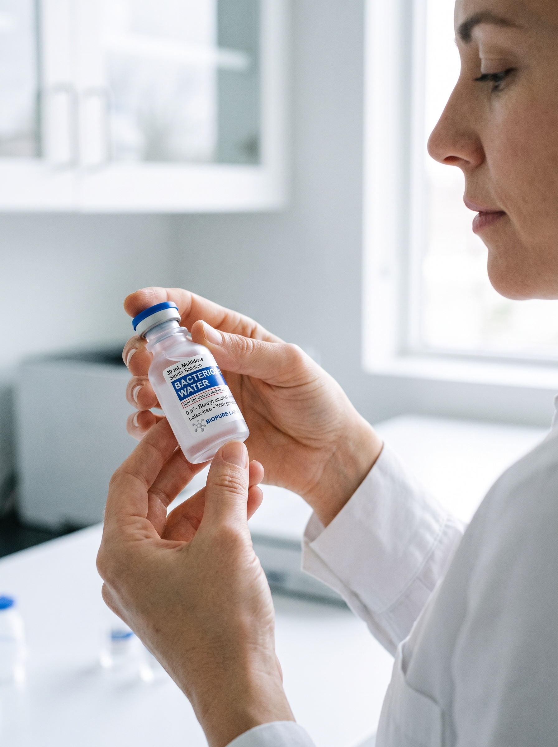 A technician examining a BioPure Bacteriostatic Water multidose vial